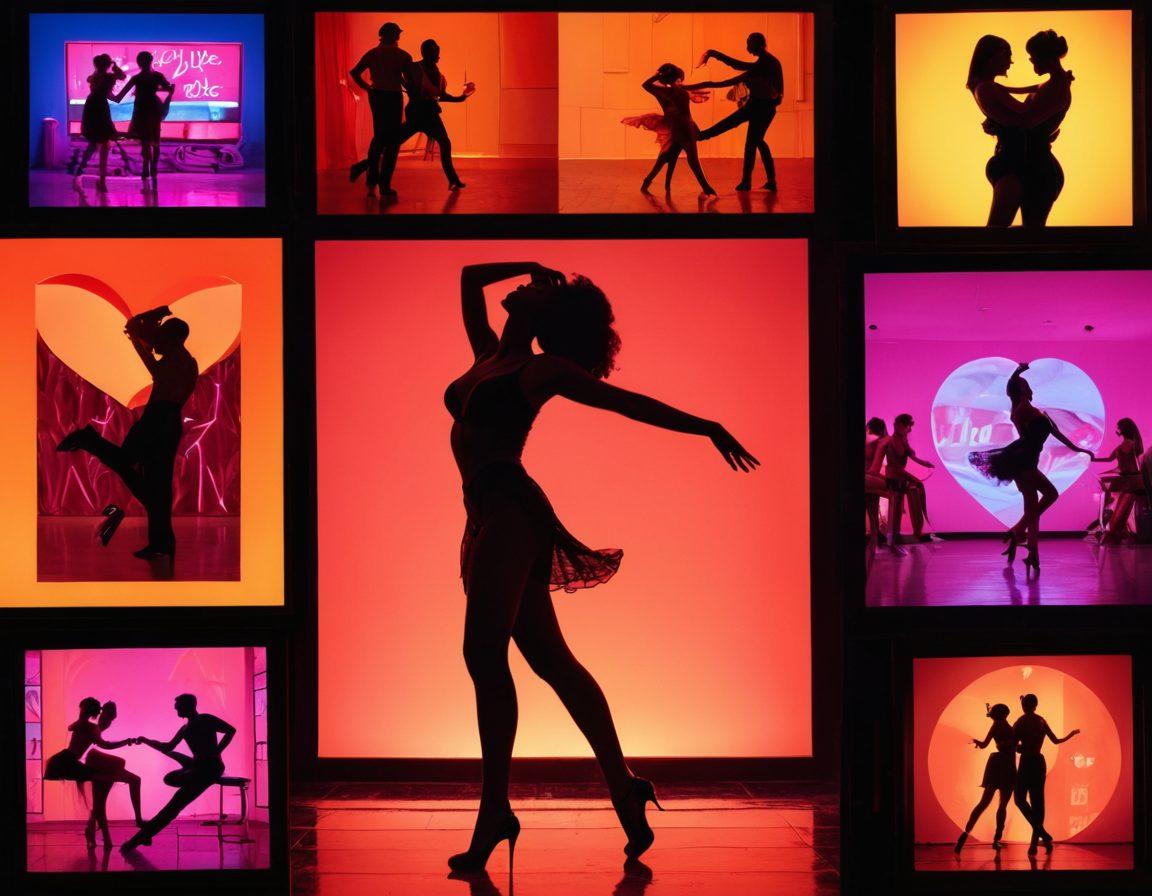 A dynamic collage featuring playful snippets from adult entertainment: a seductive silhouette against a vibrant neon backdrop, clips of tantalizing dance moves, passionate embraces, and artful cinematography in the foreground. Incorporate elements like film reels and a heart motif to symbolize love and intimacy, with hints of vintage aesthetics that evoke nostalgia. surrealistic. vibrant colors. cinematic lighting.