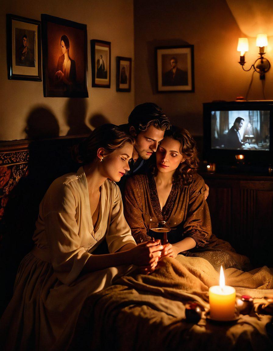 A cozy, dimly lit room adorned with soft, flowing fabrics and candlelight, featuring a couple intimately engaging with each other while watching a sensual film on a vintage projector. The atmosphere is filled with warmth and passion, invoking feelings of desire and connection, with artful shadows dancing on the walls. Super-realistic. Warm colors. Soft focus.