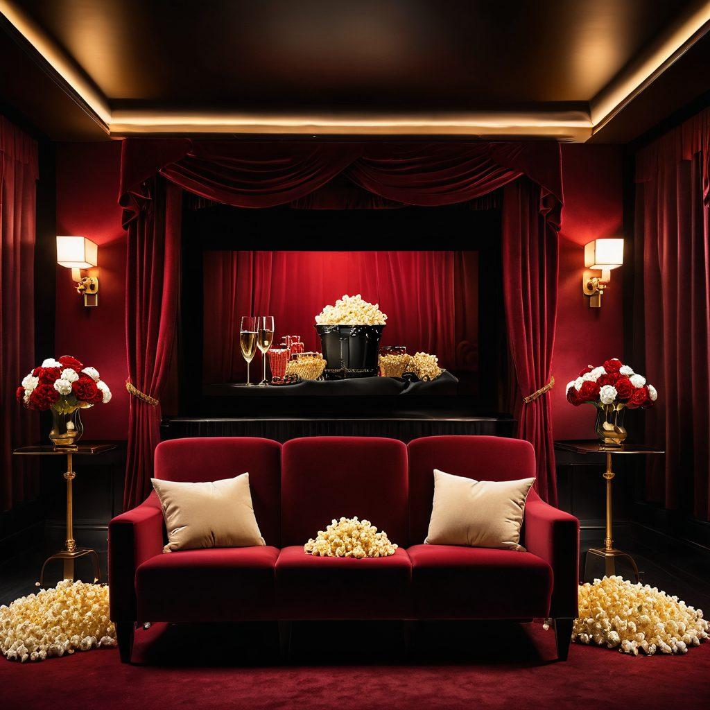 A luxurious and inviting cinema scene, with plush velvet seats and dim ambient lighting. Features a large screen displaying a seductive silhouette in a film reel, surrounded by elements like popcorn, champagne glasses, and soft-focus floral arrangements, evoking a sense of intimacy and allure. Include deep red and gold colors to enhance the sensual atmosphere. cinematic style. rich textures.